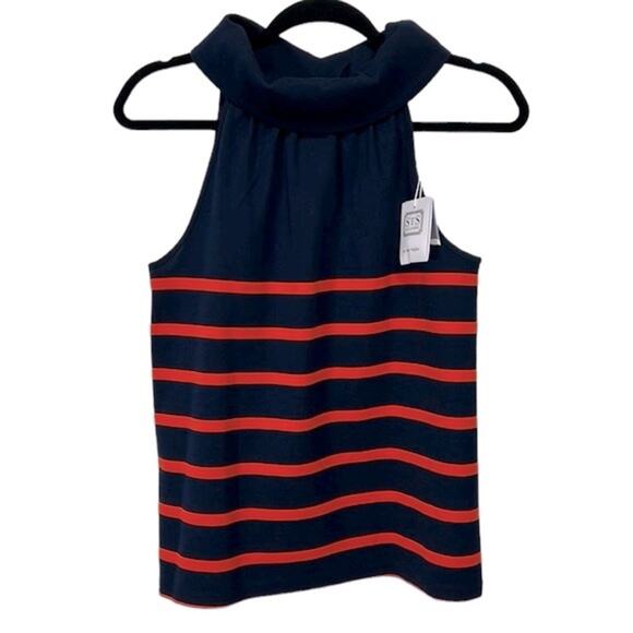 Sail to Sable Textured Knit Cowl Neck Top Navy and Orange/Red Stripe size XS - Picture 1 of 9